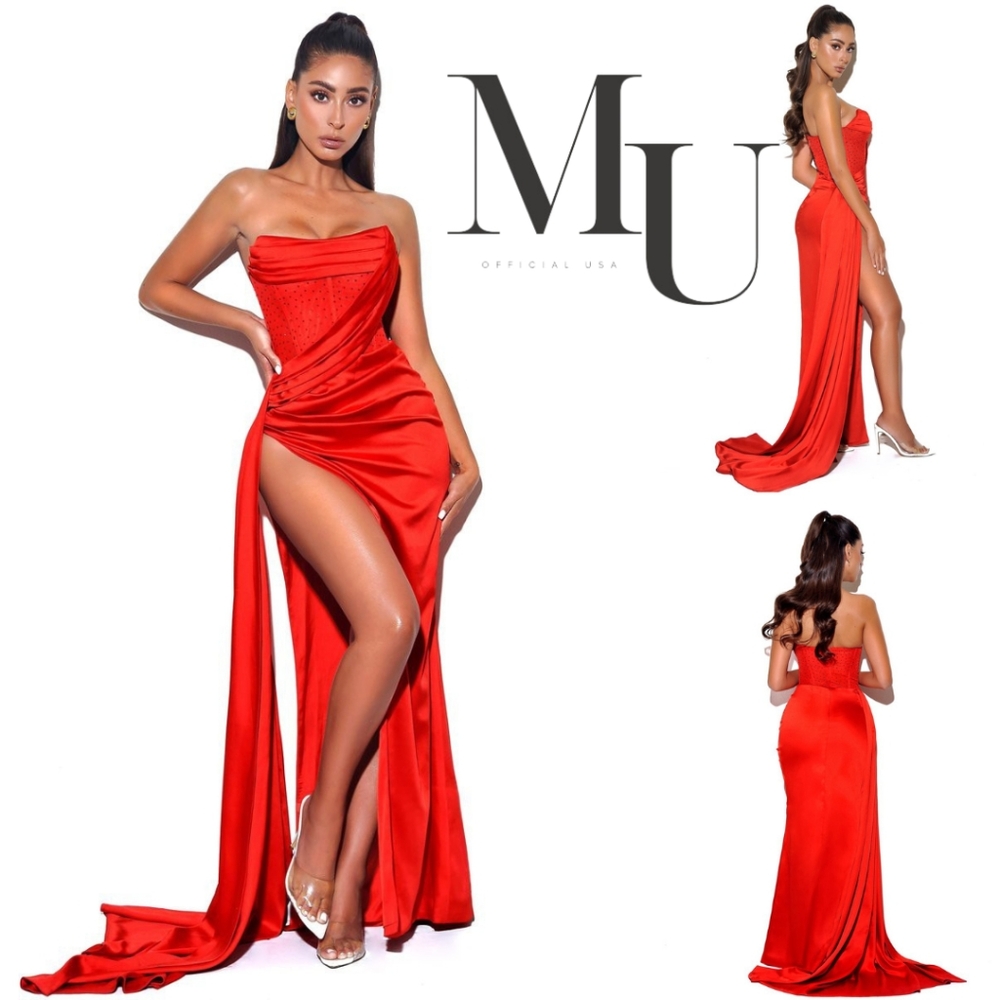 Holly Red Crystallized Corset High Slit Satin Gown